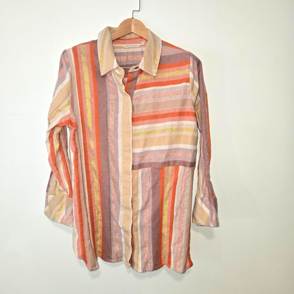 Soft Surroundings Tunic Women 1X Multi Color Striped Metallic Lurex Button Down